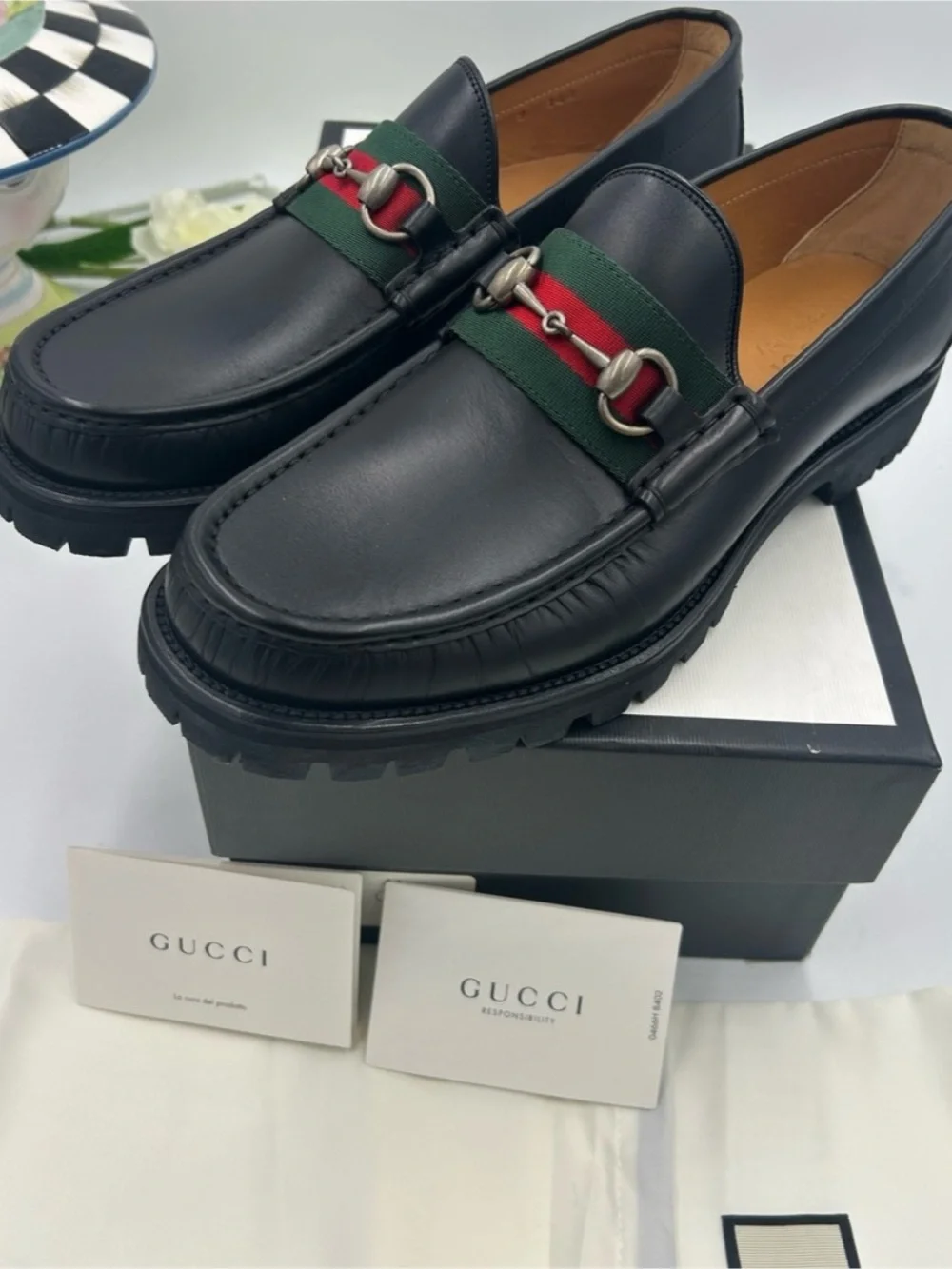 Men's Gucci lug sole web stripe horse bit loafers size 9 fits 9.5 US made Italy